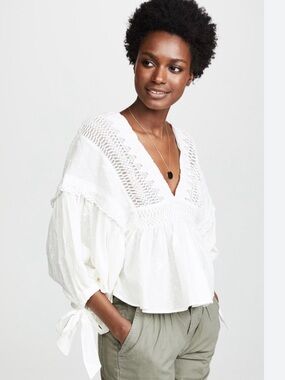 Free People White Crochet V-Neck Peasant Blouse - Women Tops size M